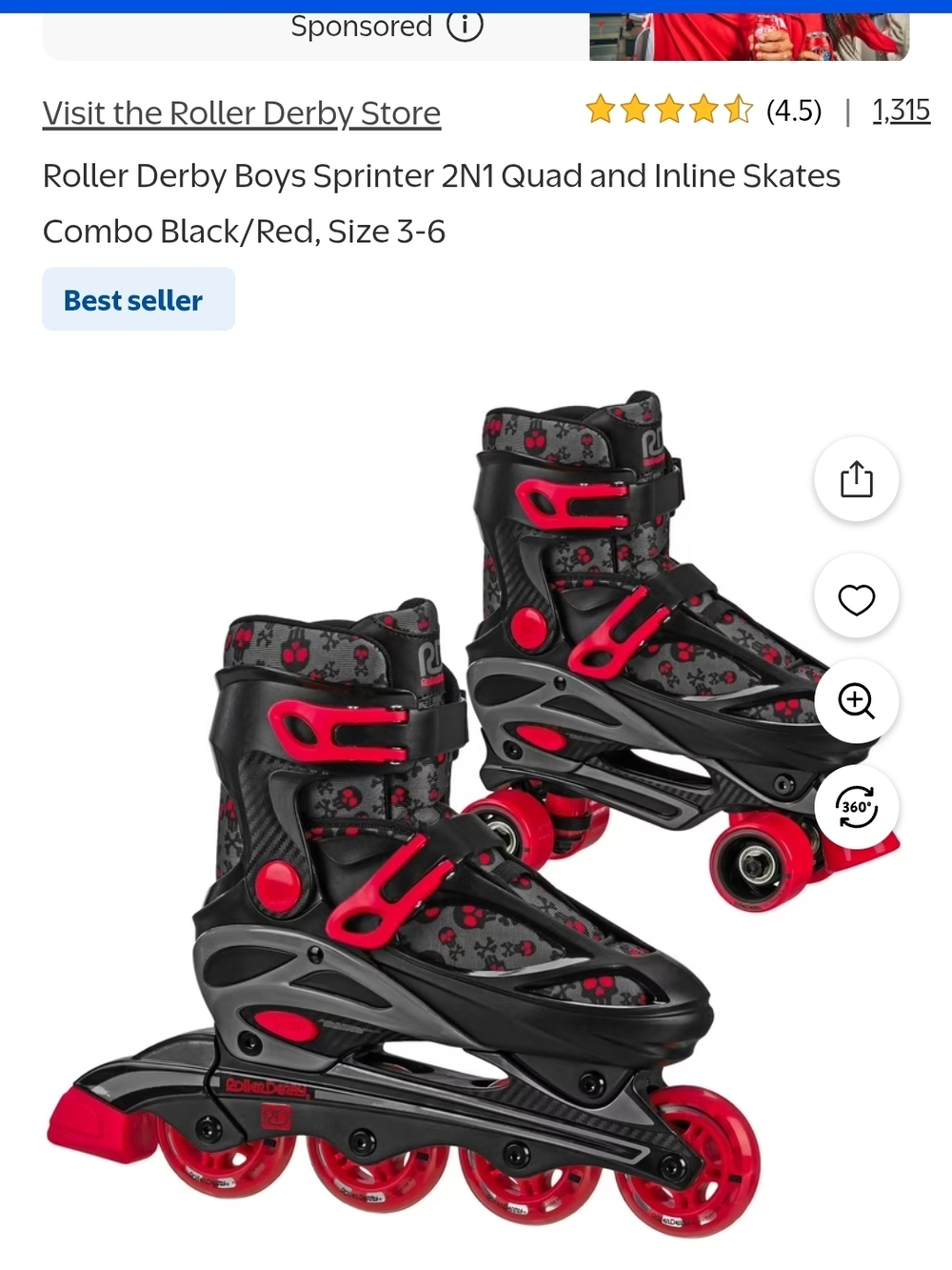 Roller Derby Boys Adjustable Black and Red 2-in-1 Roller Skates